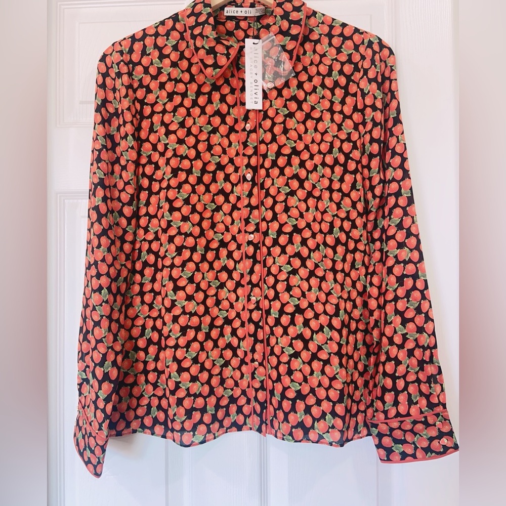 NWT $375 Alice + Olivia Willa Long Sleeve Silk Button-Up Shirt